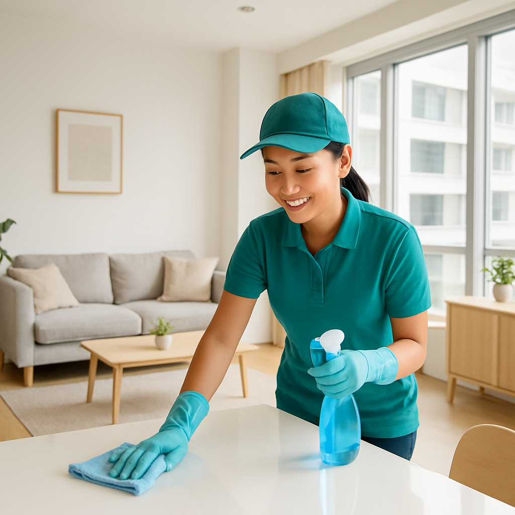 Professional cleaner in a sparkling Singapore apartment